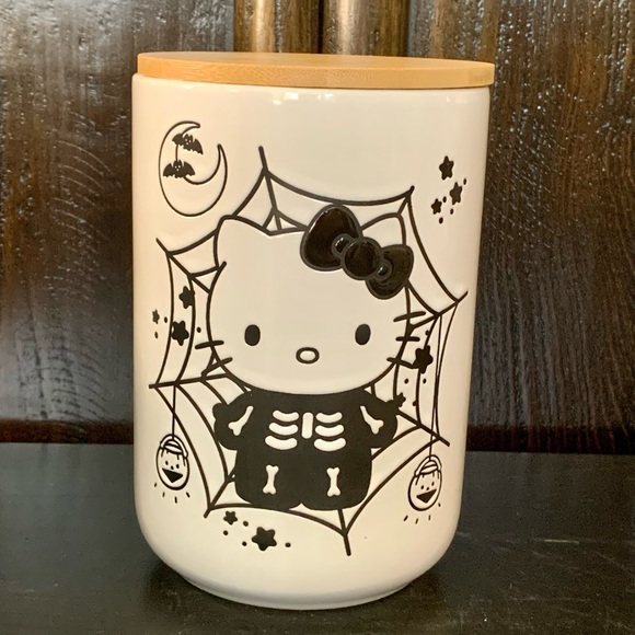 Hello Kitty Skeleton Spider Web Halloween Cellar Style Canister with Wooden Lid - Picture 2 of 13